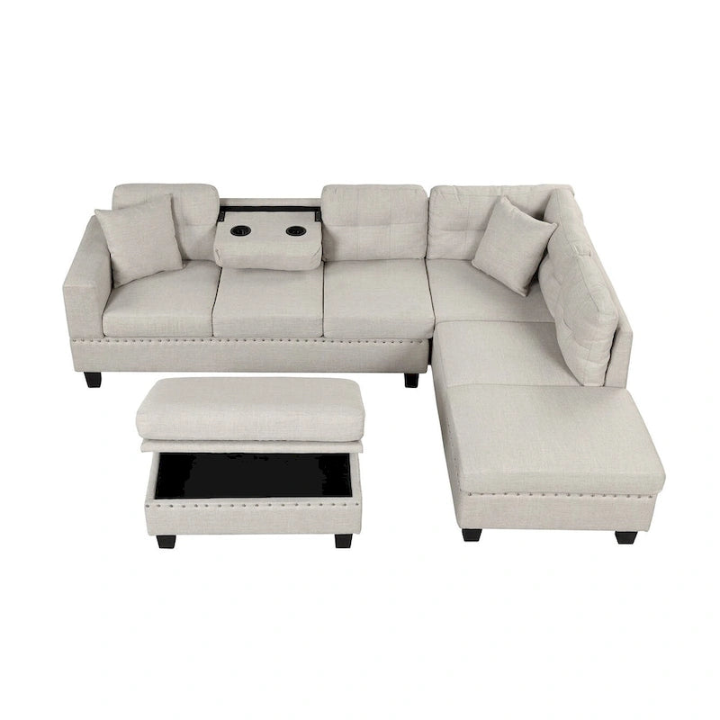 Divano moderno a L a 7 posti con pouf contenitore