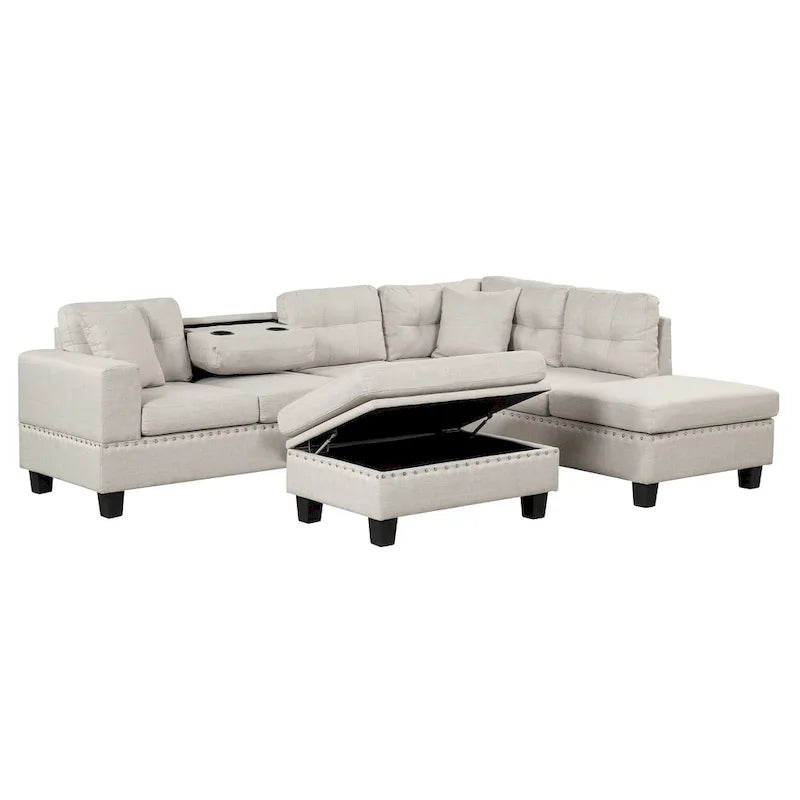 Divano moderno a L a 7 posti con pouf contenitore