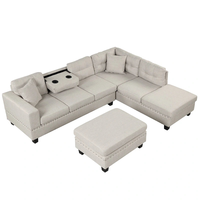 Divano moderno a L a 7 posti con pouf contenitore