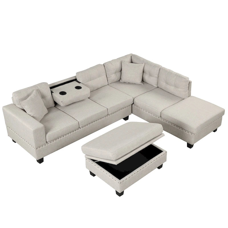 Divano moderno a L a 7 posti con pouf contenitore