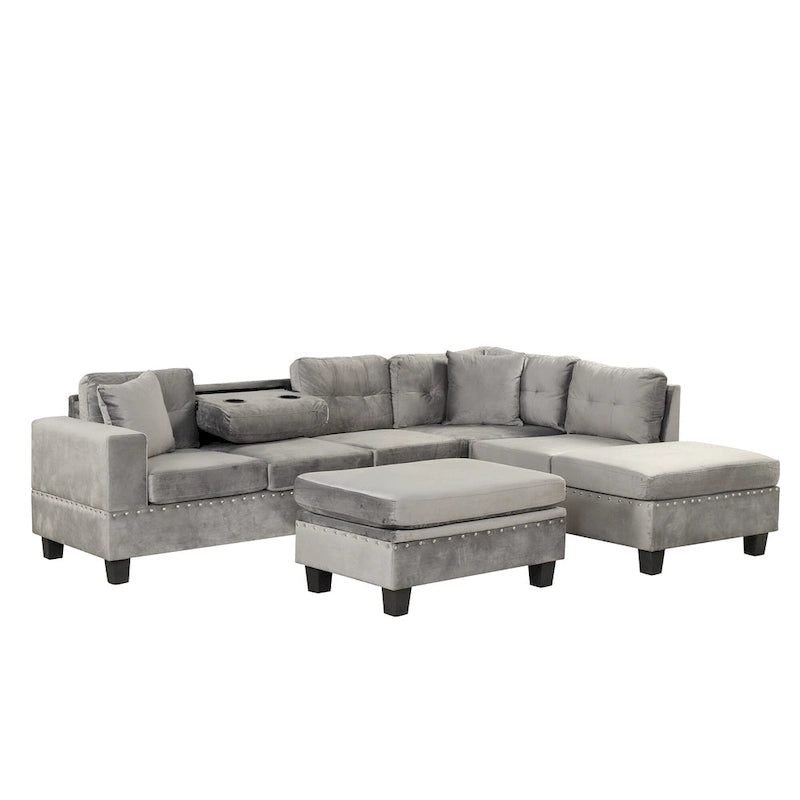 Divano moderno a L a 7 posti con pouf contenitore