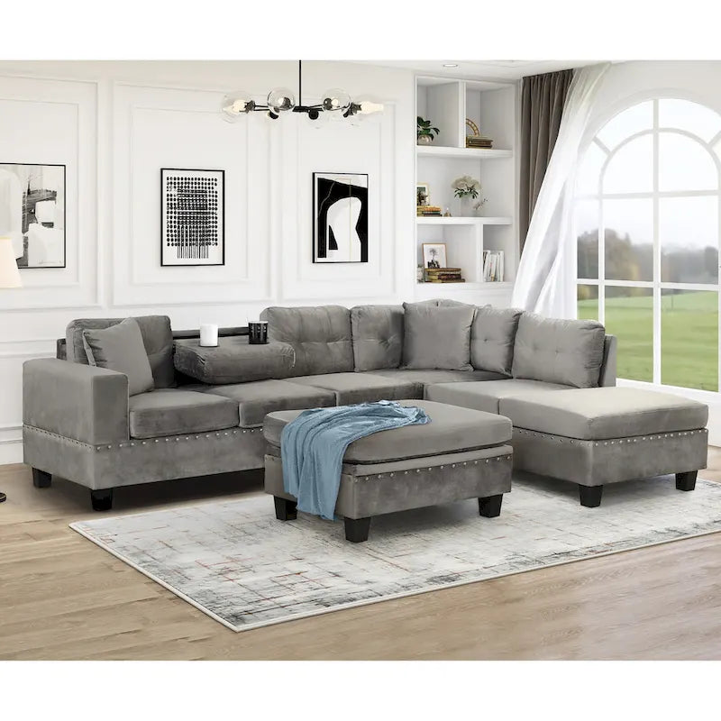 Divano moderno a L a 7 posti con pouf contenitore