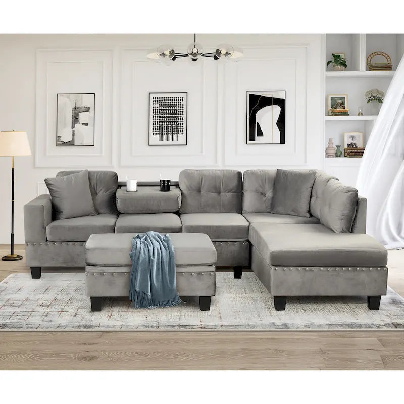 Divano moderno a L a 7 posti con pouf contenitore