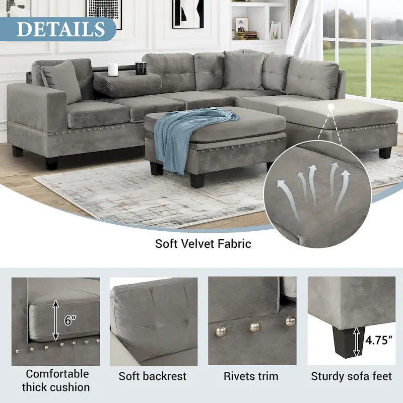 Divano moderno a L a 7 posti con pouf contenitore