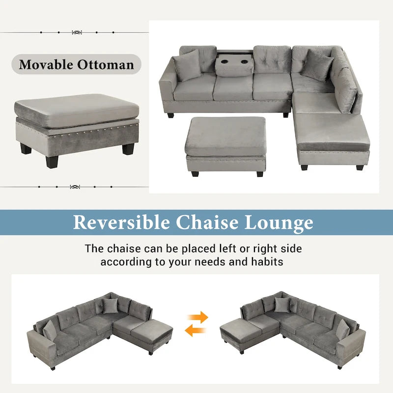 Divano moderno a L a 7 posti con pouf contenitore