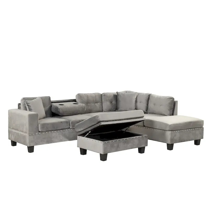 Divano moderno a L a 7 posti con pouf contenitore