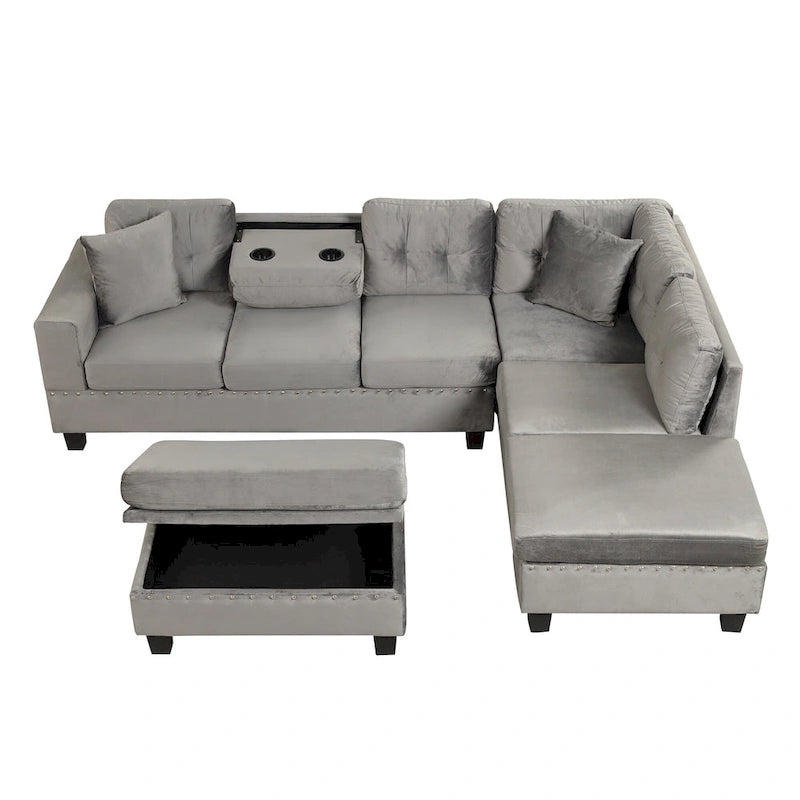 Divano moderno a L a 7 posti con pouf contenitore