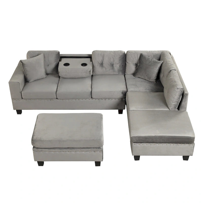 Divano moderno a L a 7 posti con pouf contenitore