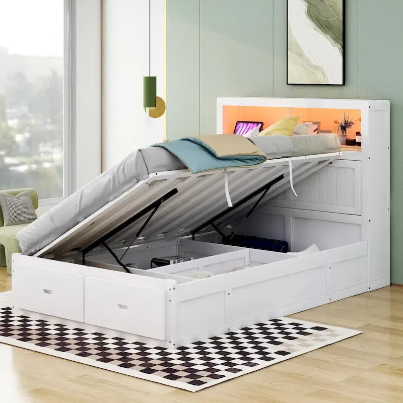 Letto Matrimoniale Bianco con Testiera a LED con Vano Contenitore, Stazione di Ricarica e 2 Cassetti