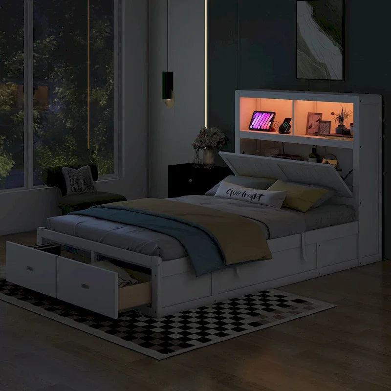 Letto Matrimoniale Bianco con Testiera a LED con Vano Contenitore, Stazione di Ricarica e 2 Cassetti