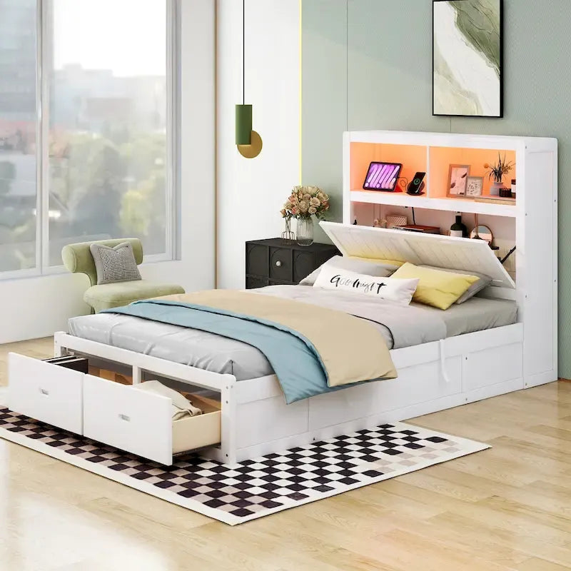 Letto Matrimoniale Bianco con Testiera a LED con Vano Contenitore, Stazione di Ricarica e 2 Cassetti