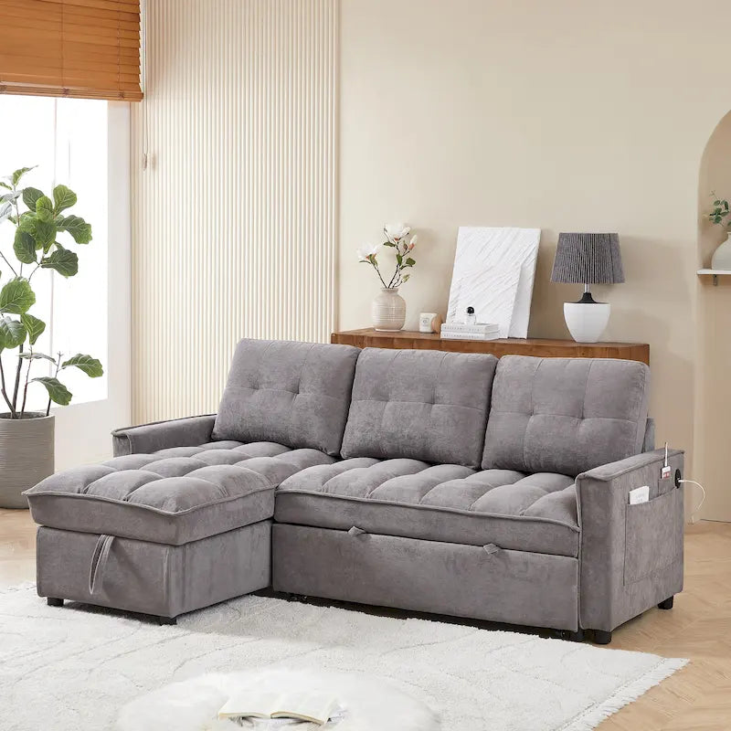 Divano letto a L estraibile in ciniglia da 78,75" con porte di ricarica