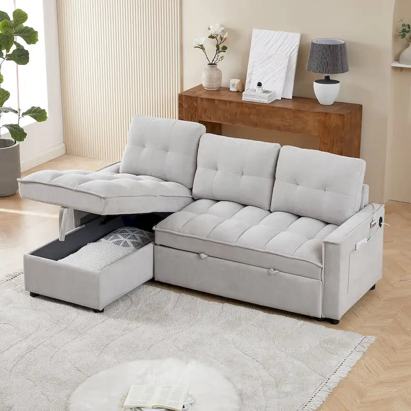 Divano letto a L estraibile in ciniglia da 78,75" con porte di ricarica