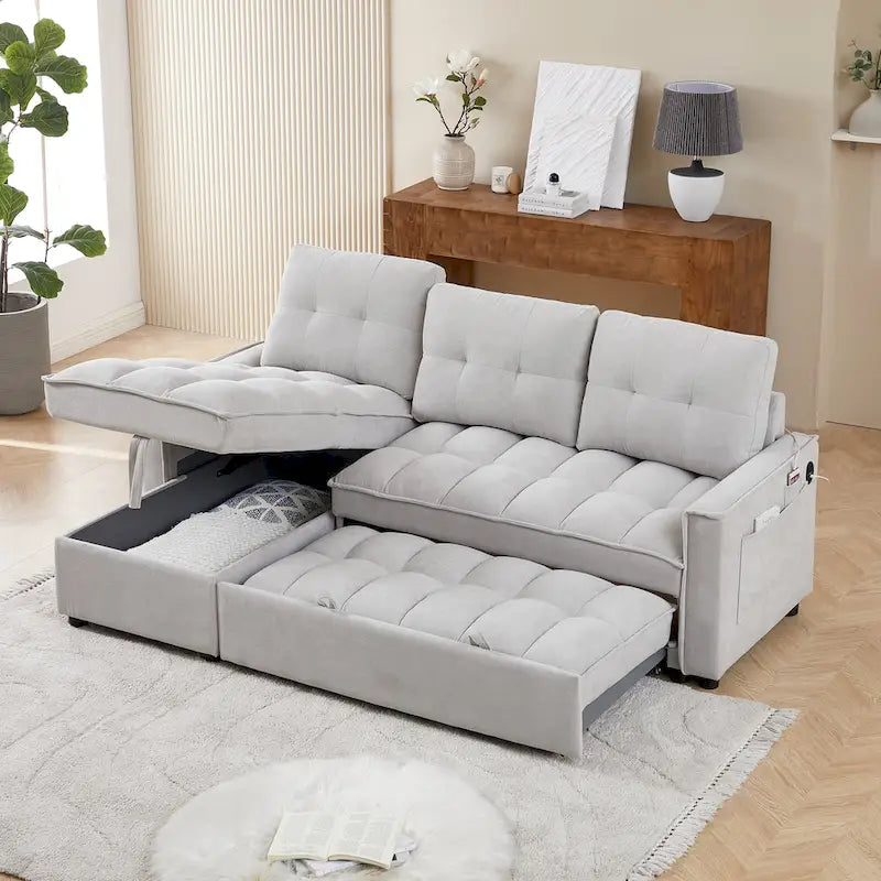 Divano letto a L estraibile in ciniglia da 78,75" con porte di ricarica