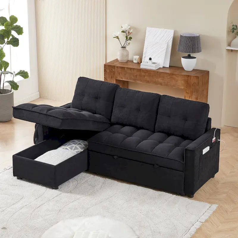 Divano letto a L estraibile in ciniglia da 78,75" con porte di ricarica