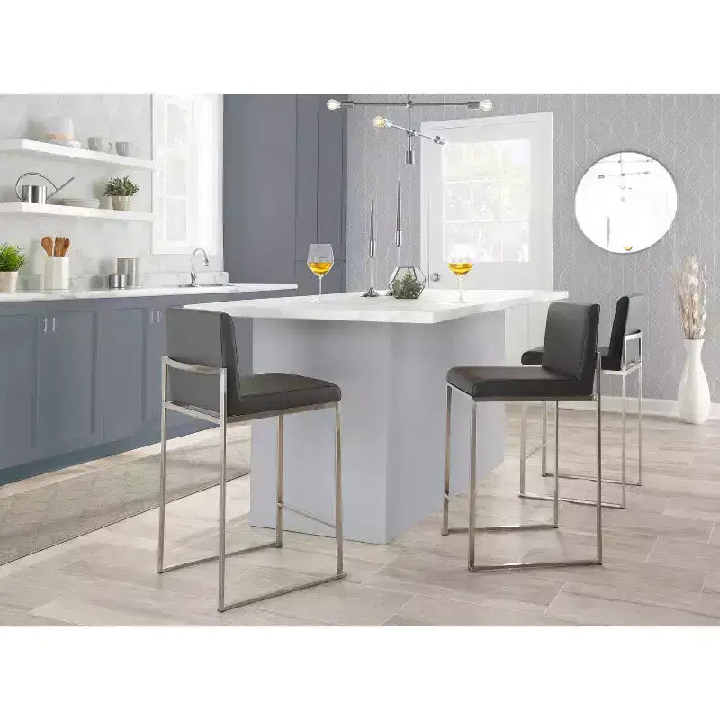 Sgabello da bar LumiSource Fuji con schienale alto e altezza bancone, acciaio inossidabile/PU grigio