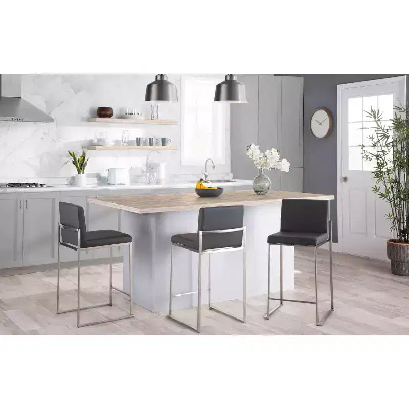 Sgabello da bar LumiSource Fuji con schienale alto e altezza bancone, acciaio inossidabile/PU grigio