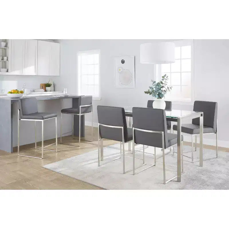 Sgabello da bar LumiSource Fuji con schienale alto e altezza bancone, acciaio inossidabile/PU grigio