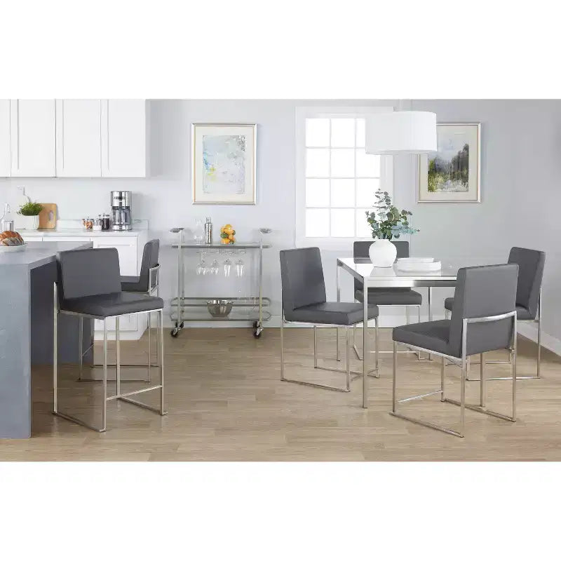 Sgabello da bar LumiSource Fuji con schienale alto e altezza bancone, acciaio inossidabile/PU grigio