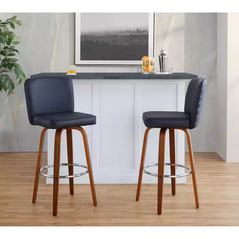 LumiSource Set di 2 sgabelli da bar Henry, legno noce/PU nero/metallo cromato