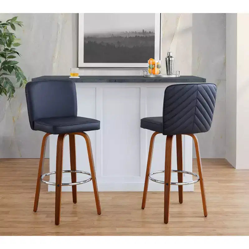 LumiSource Set di 2 sgabelli da bar Henry, legno noce/PU nero/metallo cromato