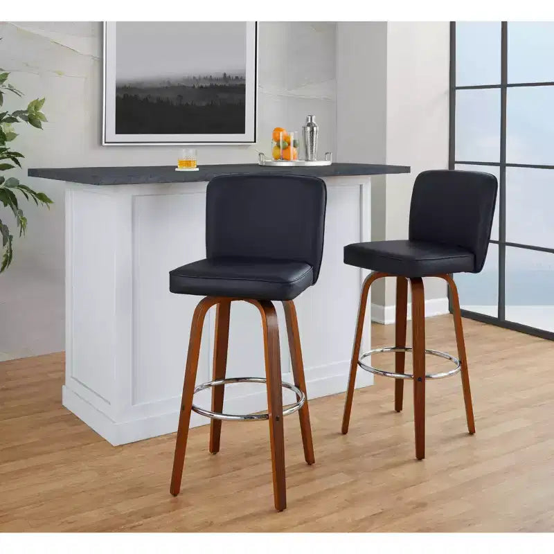 LumiSource Set di 2 sgabelli da bar Henry, legno noce/PU nero/metallo cromato