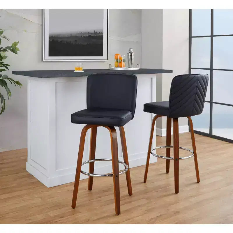 LumiSource Set di 2 sgabelli da bar Henry, legno noce/PU nero/metallo cromato