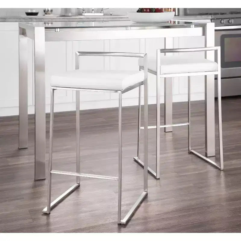 LumiSource Set di 3 Sgabelli da Bancone Fuji Stacker, Altezza Bancone, Acciaio Inox/Bianco