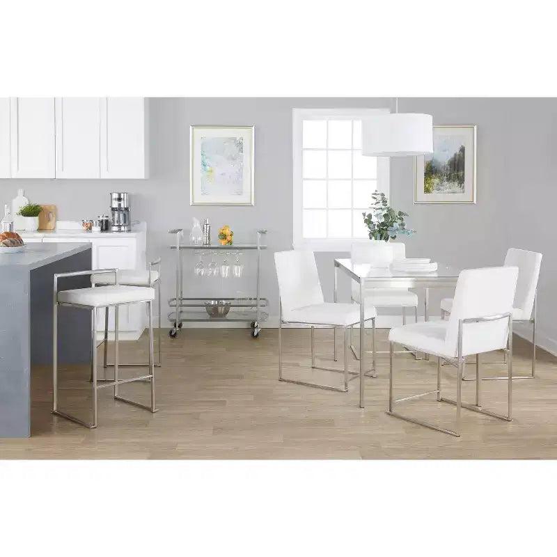 LumiSource Set di 3 Sgabelli da Bancone Fuji Stacker, Altezza Bancone, Acciaio Inox/Bianco