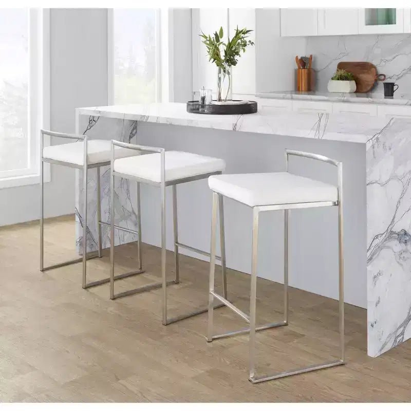 LumiSource Set di 3 Sgabelli da Bancone Fuji Stacker, Altezza Bancone, Acciaio Inox/Bianco