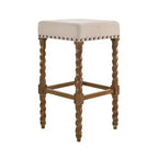 Sgabello da bar Cadmus 30" in rovere naturale Carolina Living: sedile imbottito, bordo in ottone anticato