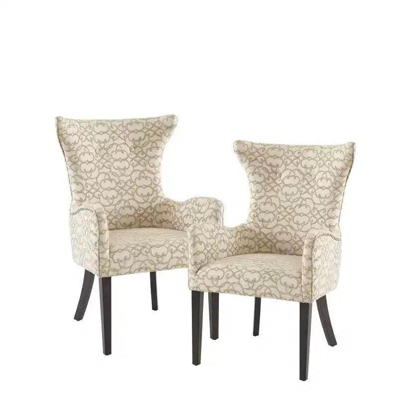 Set of 2 Shin Arm Dining Chair Tan: Upholstered, Bronze Nailhead Trim, Wood Legs