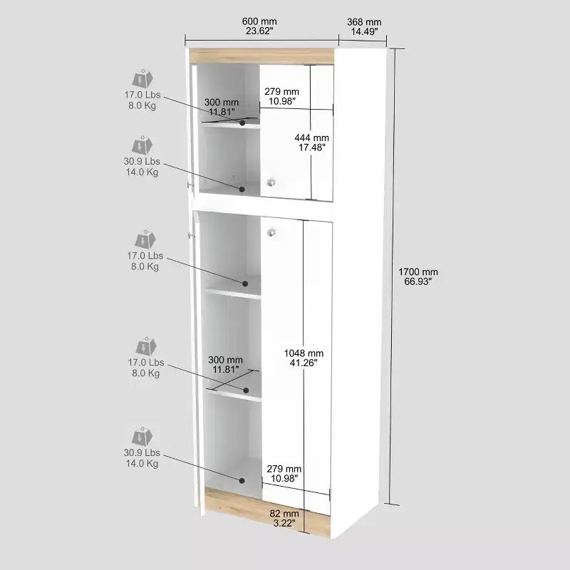 Dispensa da Cucina a 4 Ante Bianco/Rovere - Inval: Mobile dispensa moderno con ripiani regolabili