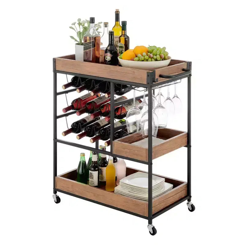 Carrello Bar Rustico in Legno di Noce e Metallo con Ruote Stile Fattoria 12 Bottiglie Marrone/Nero - Danya B.