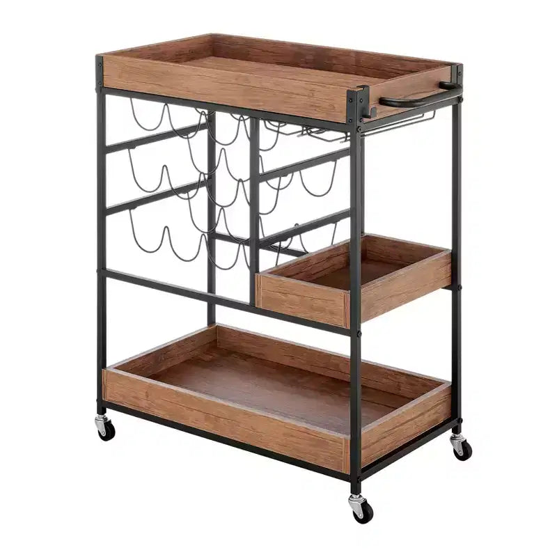Carrello Bar Rustico in Legno di Noce e Metallo con Ruote Stile Fattoria 12 Bottiglie Marrone/Nero - Danya B.