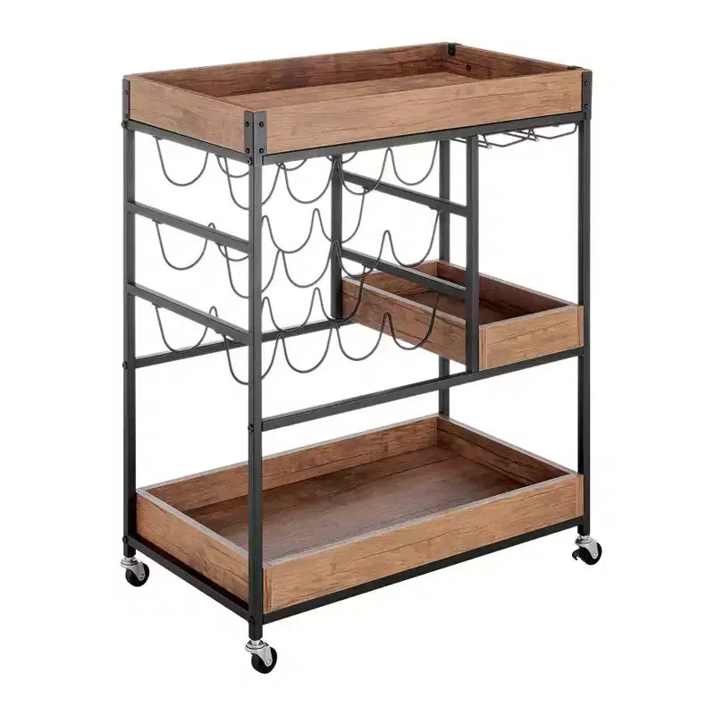 Carrello Bar Rustico in Legno di Noce e Metallo con Ruote Stile Fattoria 12 Bottiglie Marrone/Nero - Danya B.
