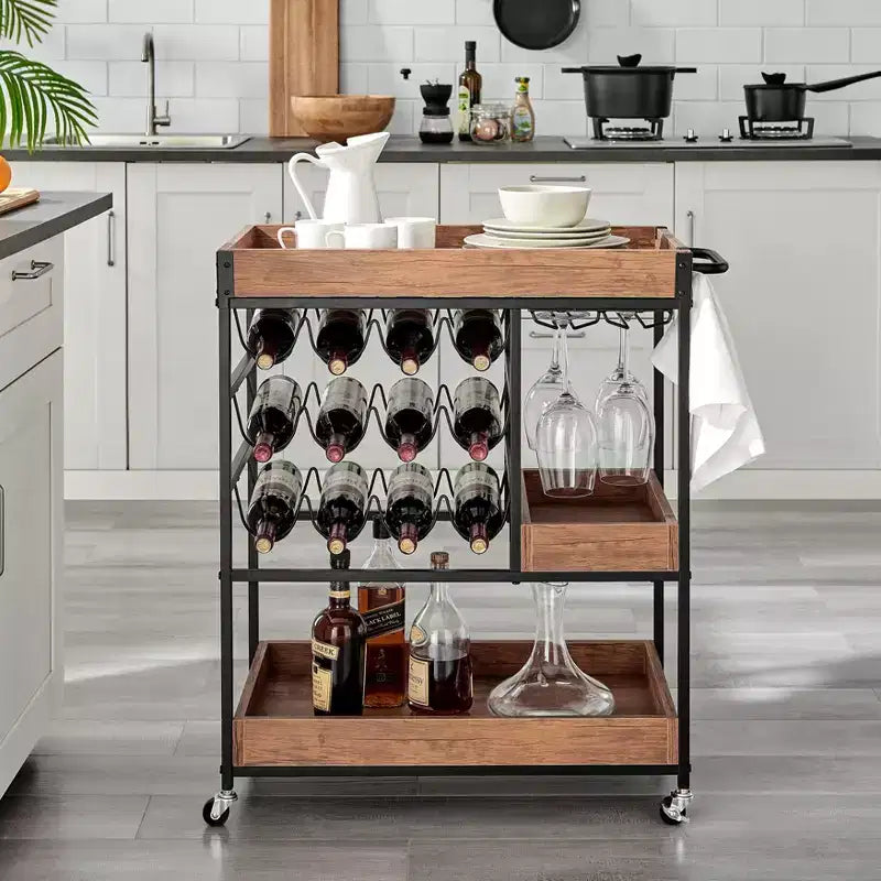 Carrello Bar Rustico in Legno di Noce e Metallo con Ruote Stile Fattoria 12 Bottiglie Marrone/Nero - Danya B.