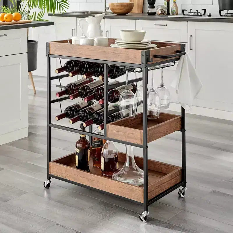 Carrello Bar Rustico in Legno di Noce e Metallo con Ruote Stile Fattoria 12 Bottiglie Marrone/Nero - Danya B.