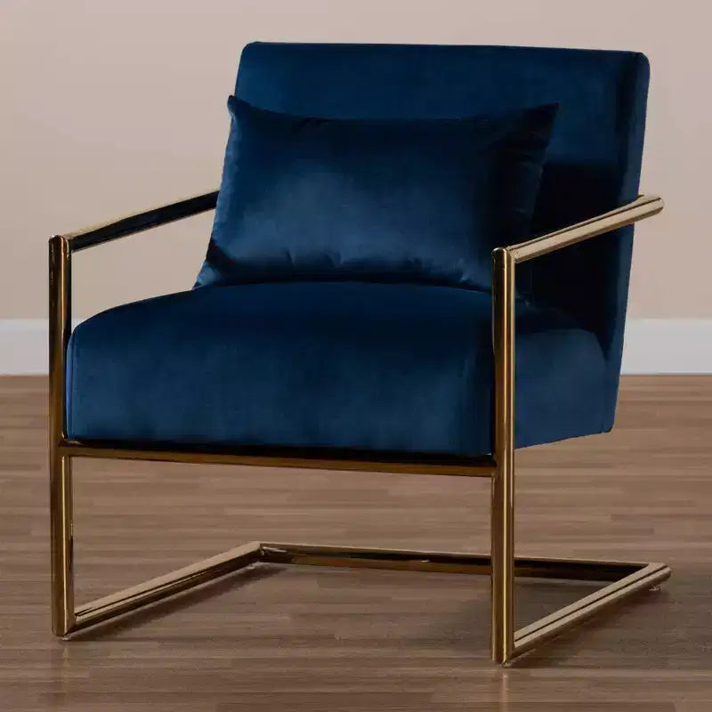 Mira Poltrona reclinabile in metallo rivestita in velluto blu navy/oro - Baxton Studio: Seduta morbida per l'home office, nessun montaggio richiesto