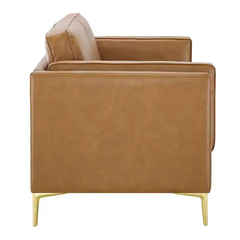 Divano Kaiya in pelle vegana marrone chiaro - Modway: design moderno di metà secolo, dettagli in metallo dorato, imbottitura in schiuma densa