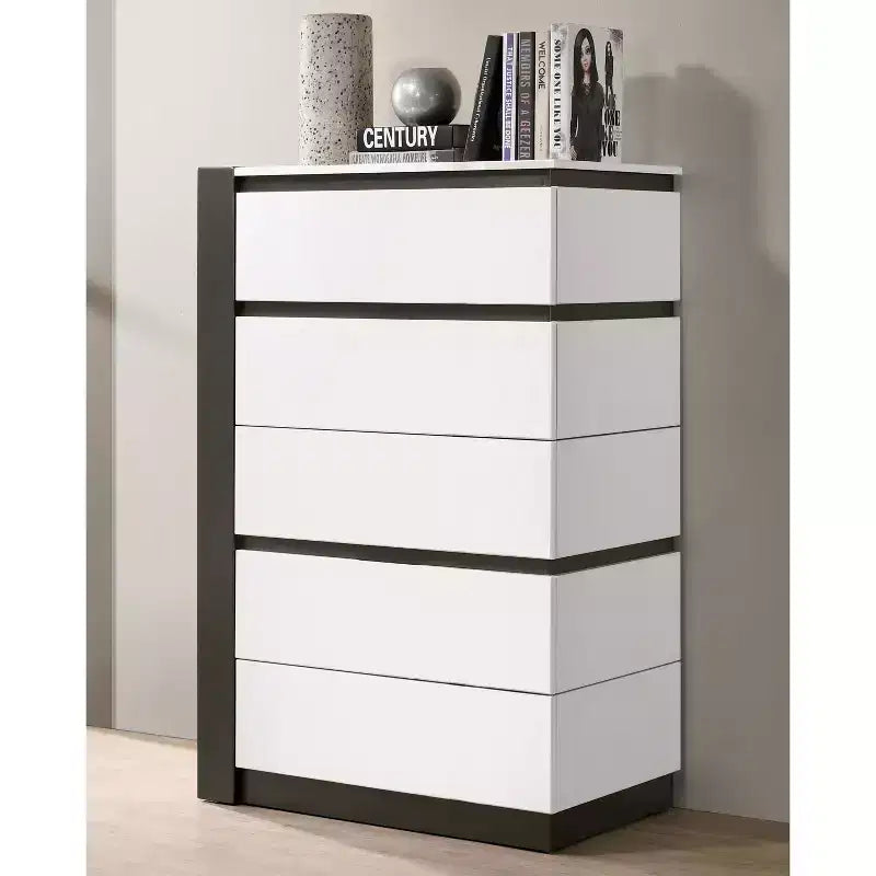 Cassettiera Pape Contemporanea a 5 Cassetti Bianco/Grigio Metallizzato - miBasics
