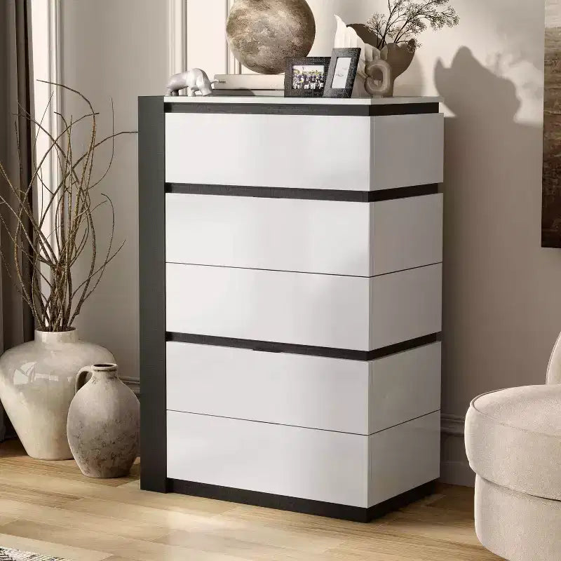 Cassettiera Pape Contemporanea a 5 Cassetti Bianco/Grigio Metallizzato - miBasics