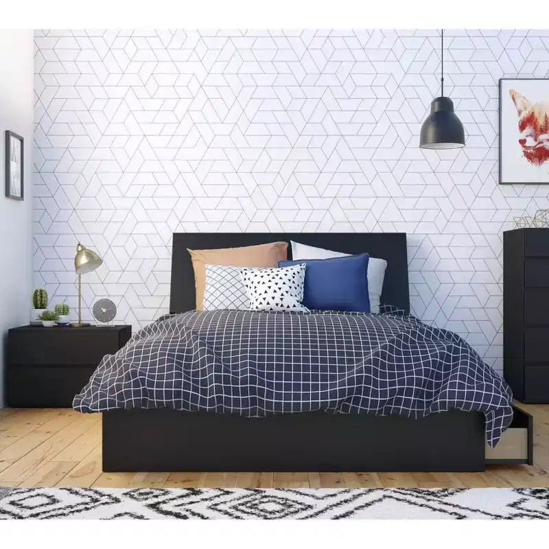 Set camera da letto completo Epik 3 pezzi con pannelli di estensione testiera Neri - Nexera: Stile Moderno Contemporaneo, Include Comodino