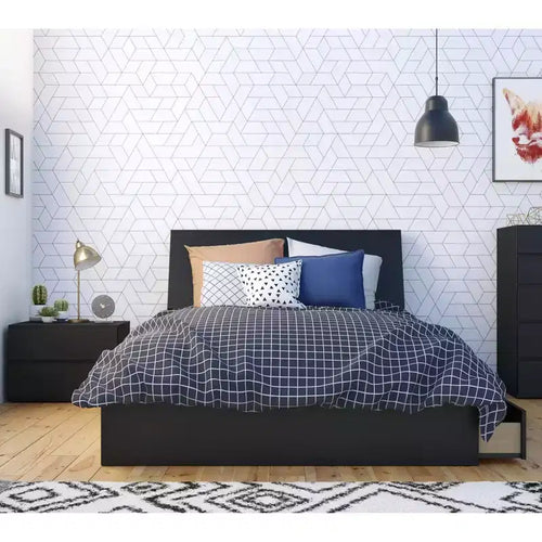 Set camera da letto completo Epik 3 pezzi con pannelli di estensione testiera Neri - Nexera: Stile Moderno Contemporaneo, Include Comodino