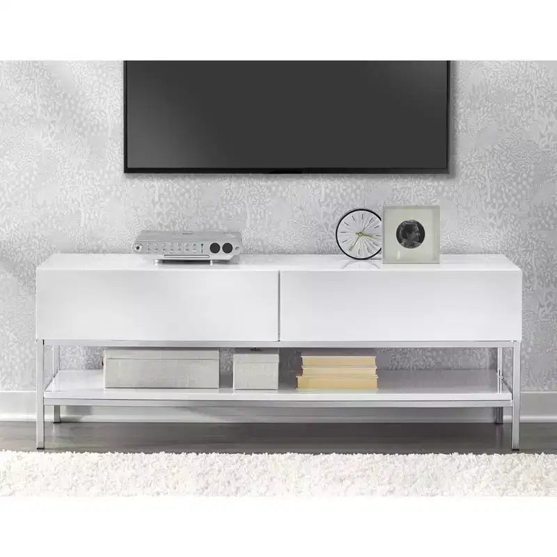 Buylateral Mobile TV Moderno Lewis per TV fino a 60" Bianco: Consolle Multimediale Moderna con Base in Metallo e Cassetto Contenitore