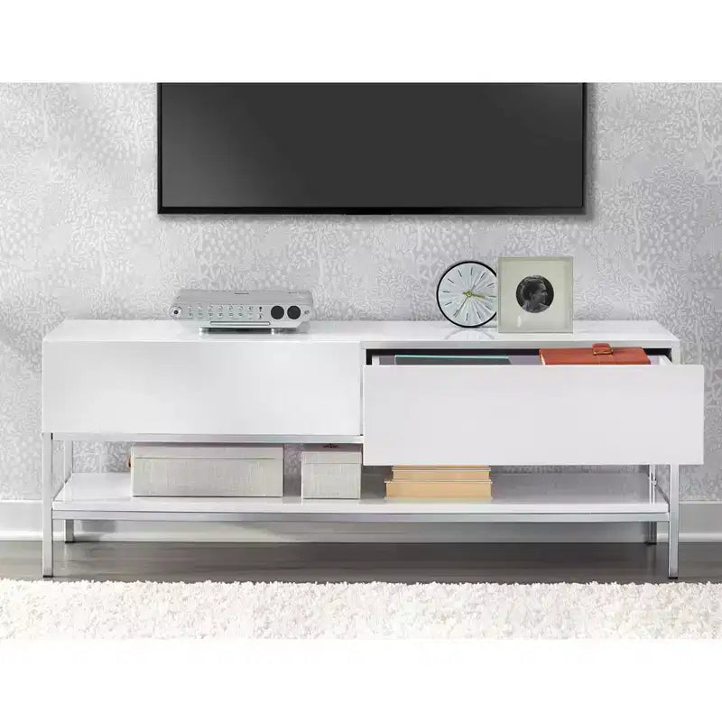 Buylateral Mobile TV Moderno Lewis per TV fino a 60" Bianco: Consolle Multimediale Moderna con Base in Metallo e Cassetto Contenitore