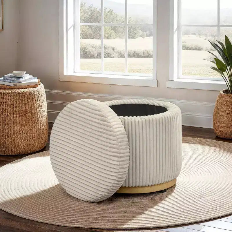 Pouff contenitore Linon Blanche in velluto a coste color crema