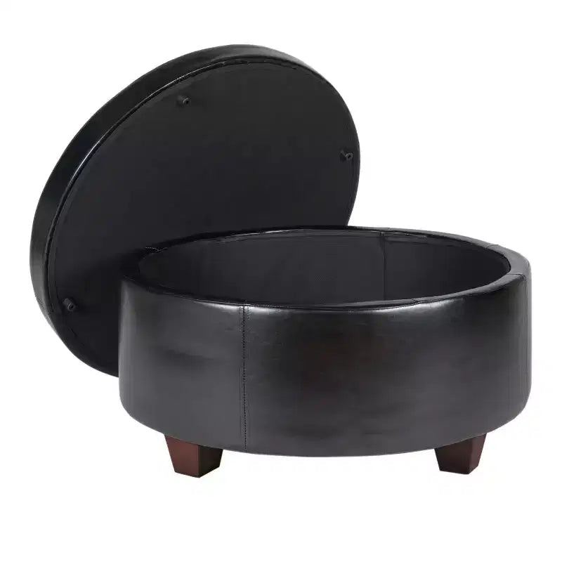 Pouf contenitore rotondo grande Winston con parte superiore a bottone in similpelle nera - HomePop