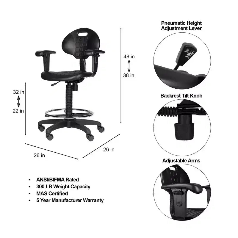 Sedia da ufficio operativa Hampden Furnishings in poliuretano con braccioli e altezza regolabile da 56 a 81 cm, nera