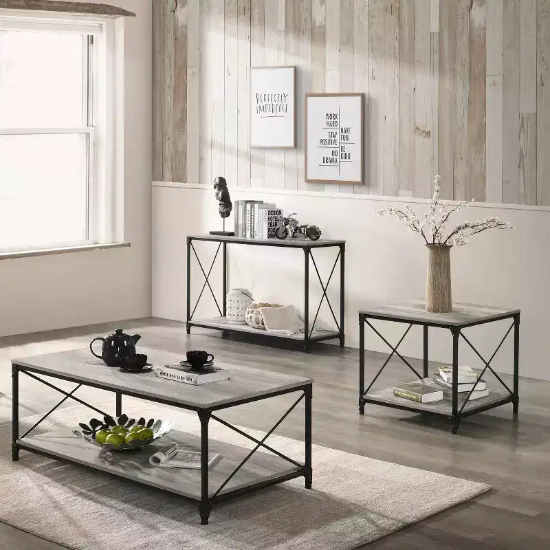 HOMES: Inside + Out Set 3 pz tavolino da caffè e 2 tavolini laterali Rosslea Nero/Grigio
